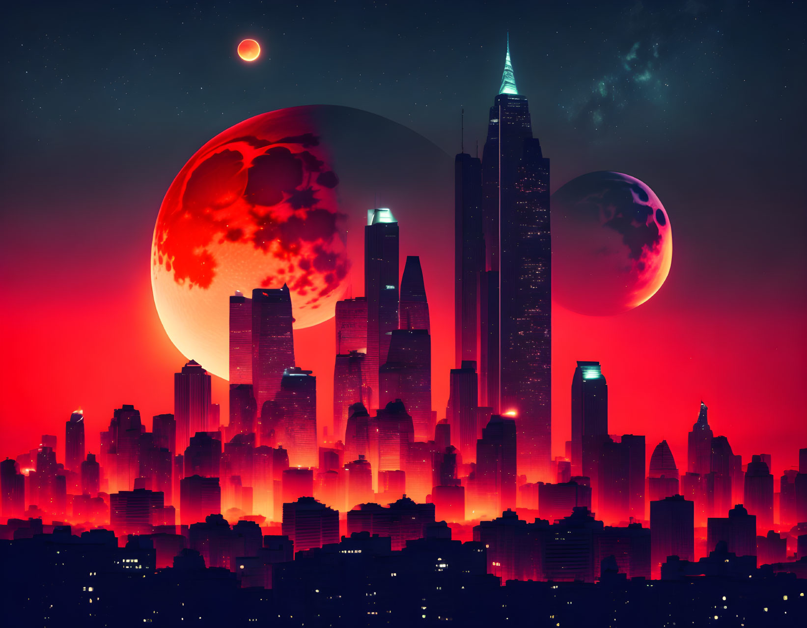 Futuristic cityscape with red night sky and planets in background