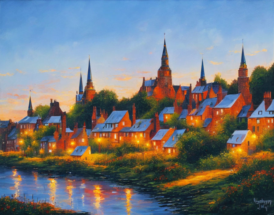 European Village Twilight Scene with Spired Buildings and River