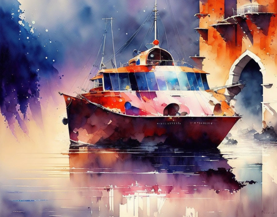 Colorful watercolor painting of boat near castle with paint splashes.