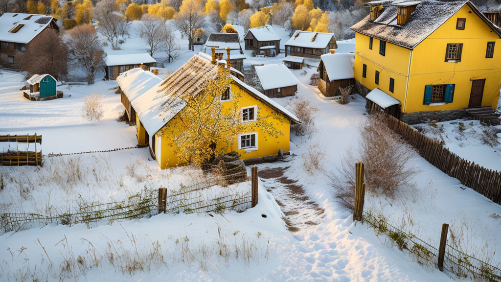Snow-covered village scene with yellow house in warm sunlight
