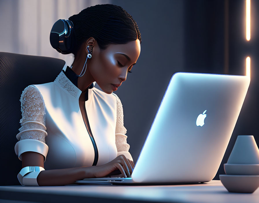 Dark-skinned woman with sleek hair using laptop in dimly lit room