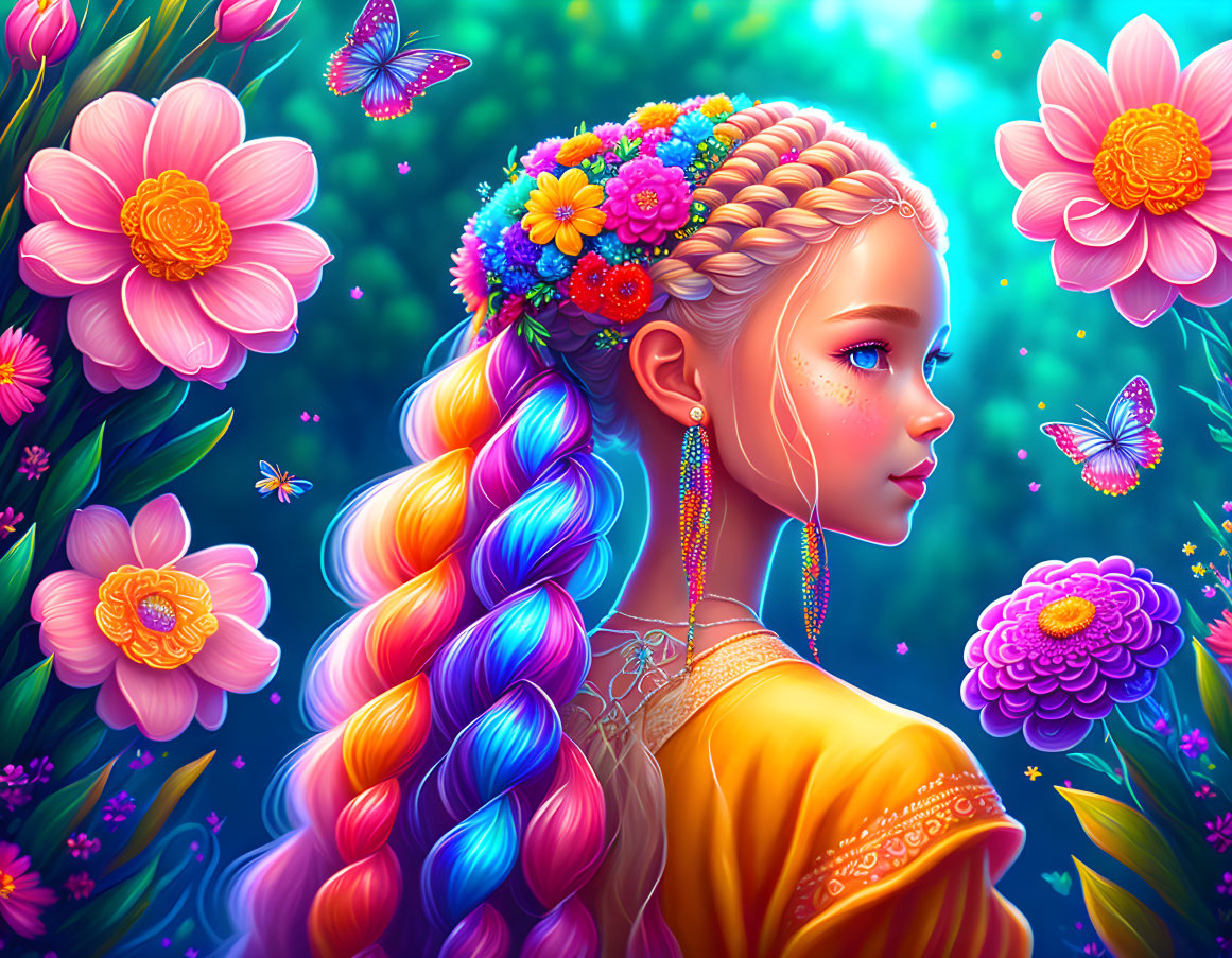 Colorful girl illustration with multicolored braid, flowers, butterflies on teal background