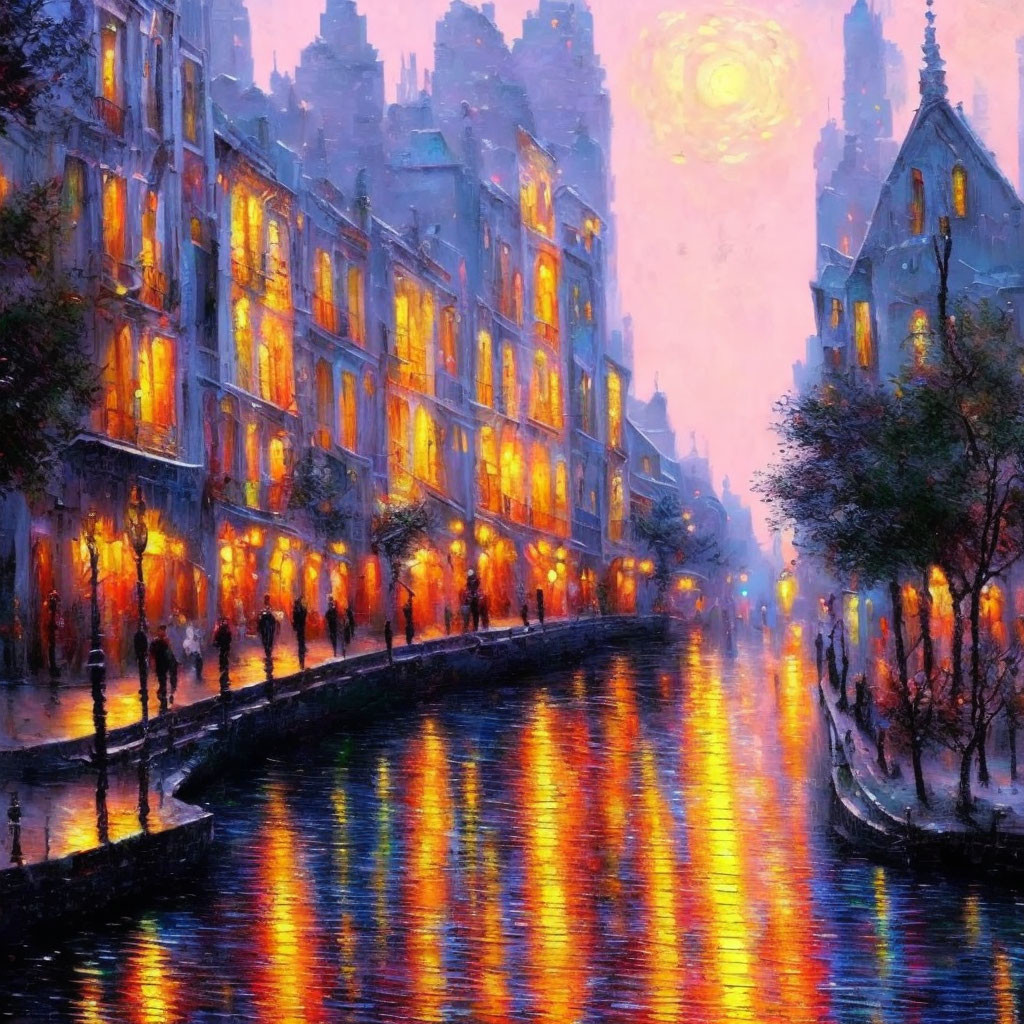 Vibrant painting of illuminated street and canal at dusk