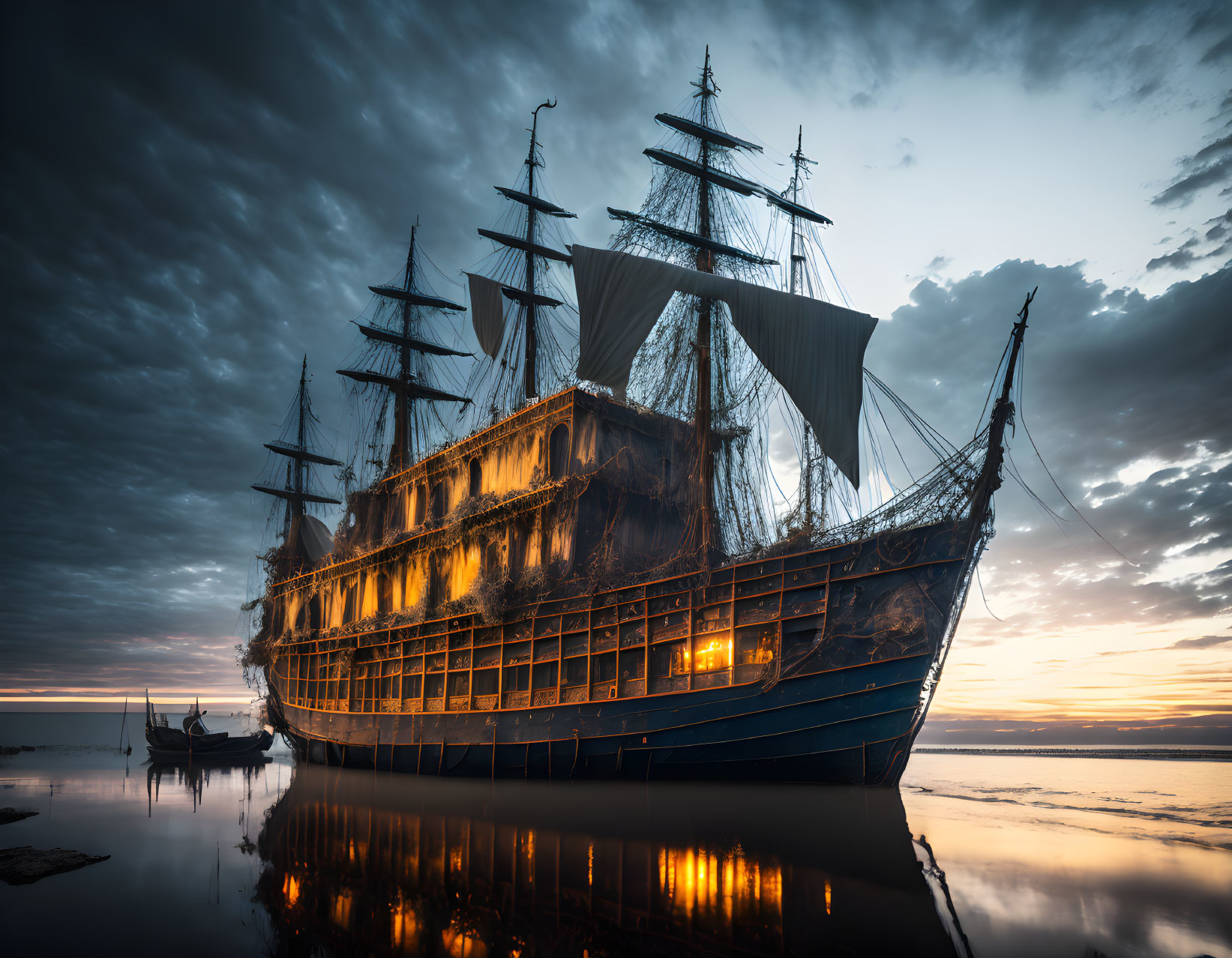 Tall ship with illuminated windows anchored at twilight