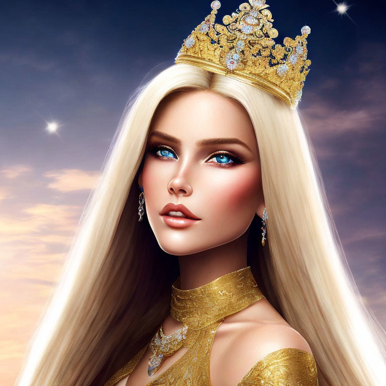 Blonde Woman with Crown in Twilight Sky