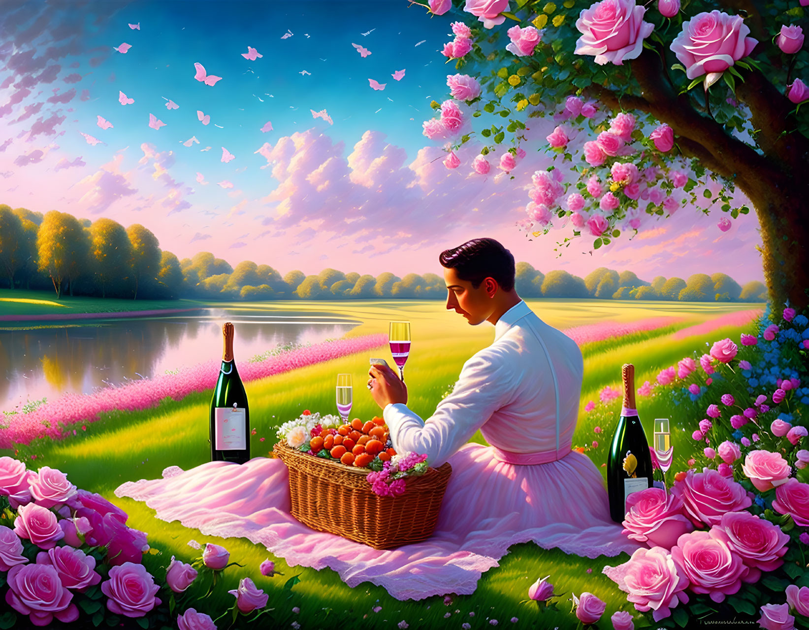 Person in white outfit picnicking by lake with wine and grapes under rose-adorned tree in