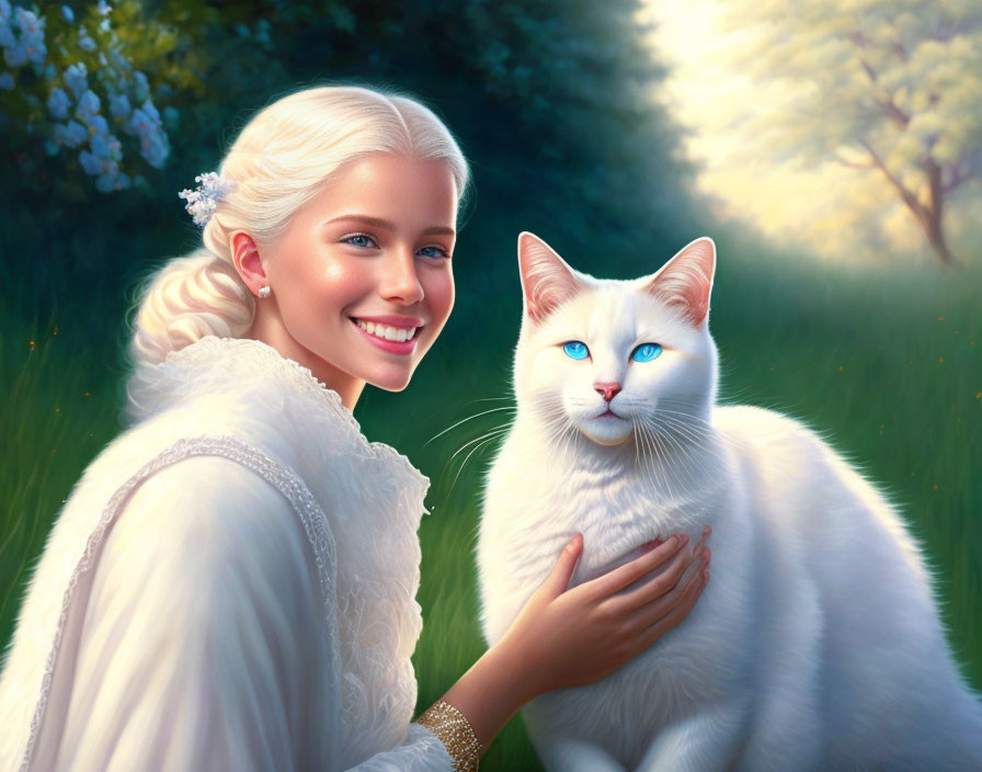 Smiling woman with braided hair petting white cat in sunny field