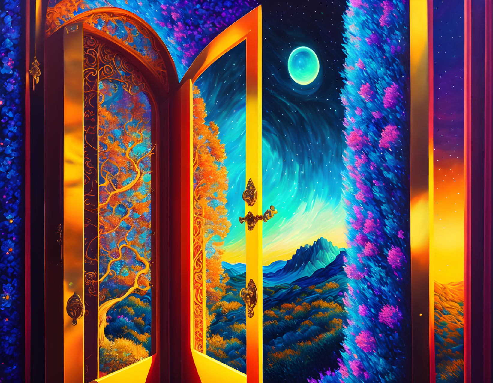 Vibrant fantasy landscape with ornate open door