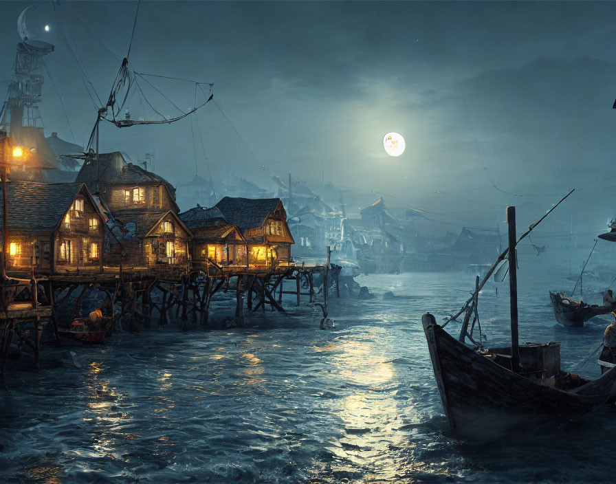 Coastal Village with Wooden Houses on Stilts and Moonlit Night Sky