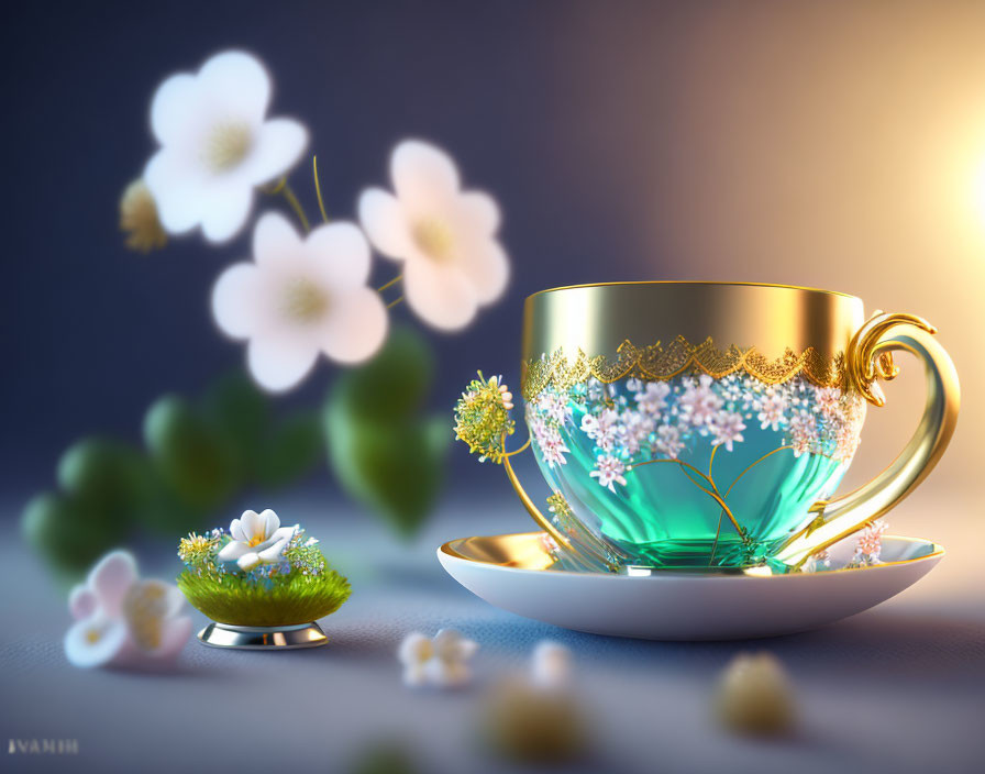 Golden-rimmed teacup with floral designs on saucer amidst white flowers and soft light.