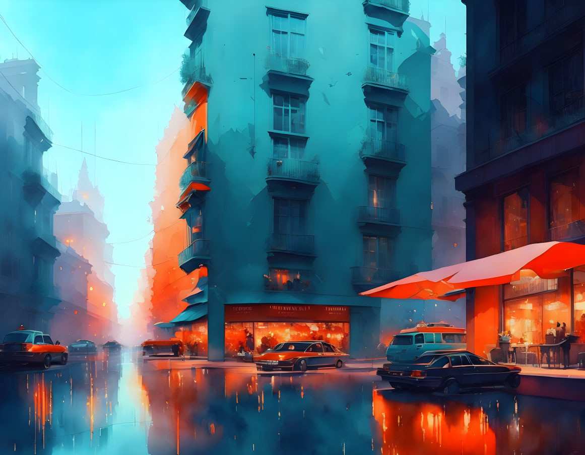 Digital art street scene: blue buildings, neon signs, wet ground reflections, vintage cars