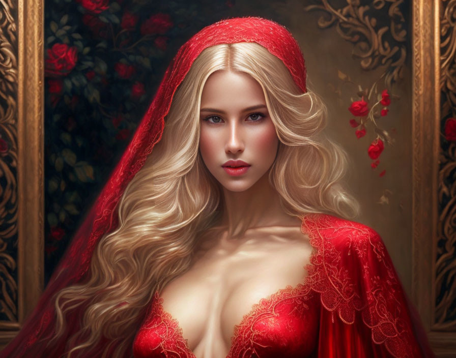 Blonde Woman in Red Hooded Cloak Surrounded by Roses