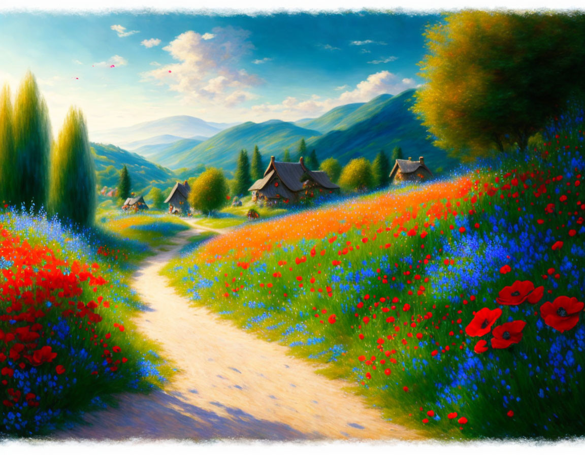 Colorful Landscape Painting with Path, Wildflowers, Village, and Mountains