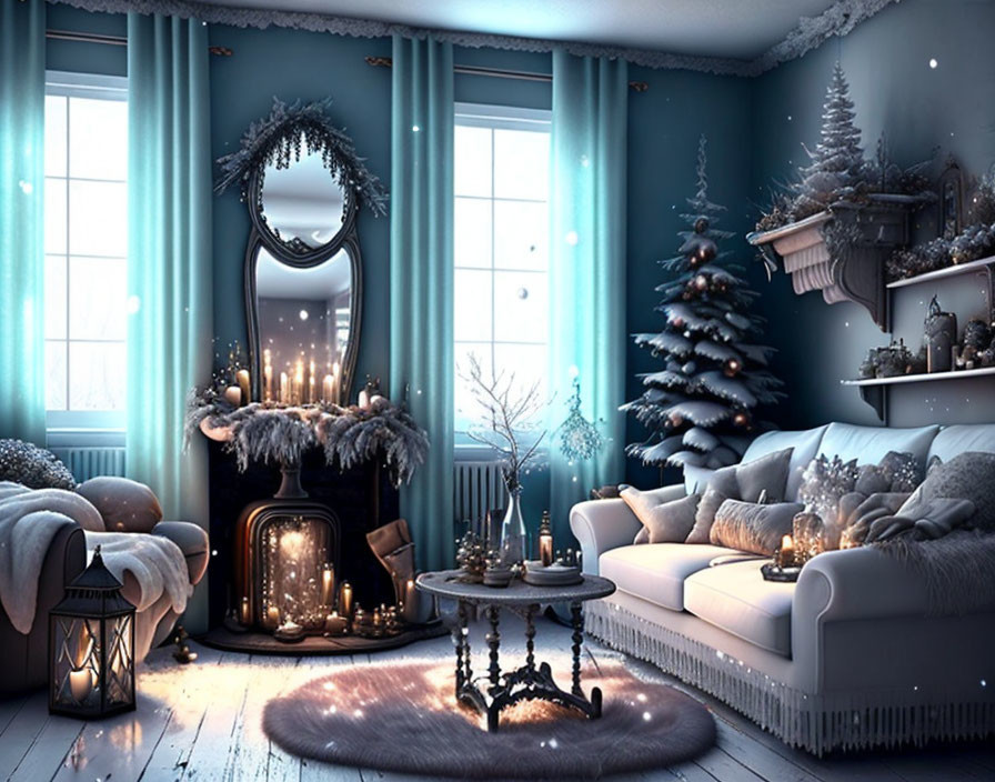 Winter-themed room with Christmas tree, fireplace, candles, blue & white decor