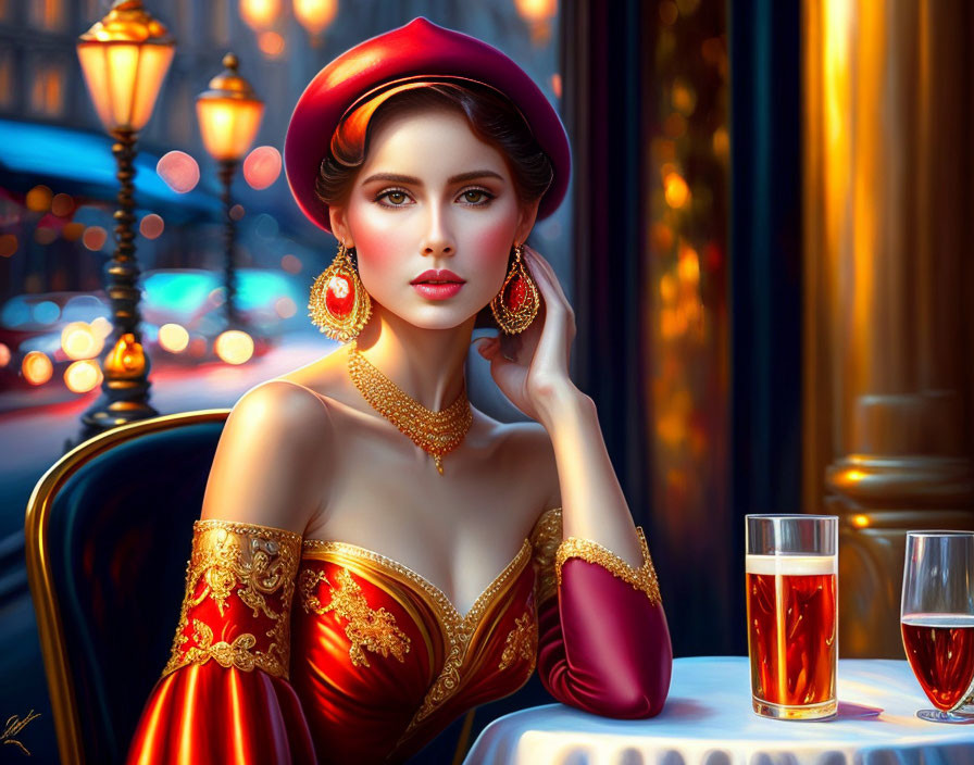 Digital Artwork: Woman in Red Hat and Dress by Night Window