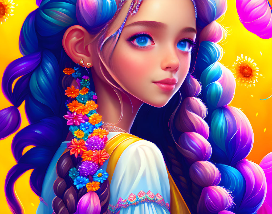 Colorful digital artwork: Girl with blue hair and floral dress on yellow background