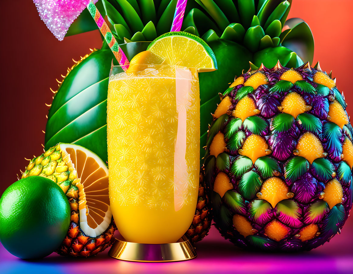 Colorful Tropical Juice Glass with Fruits and Cactus