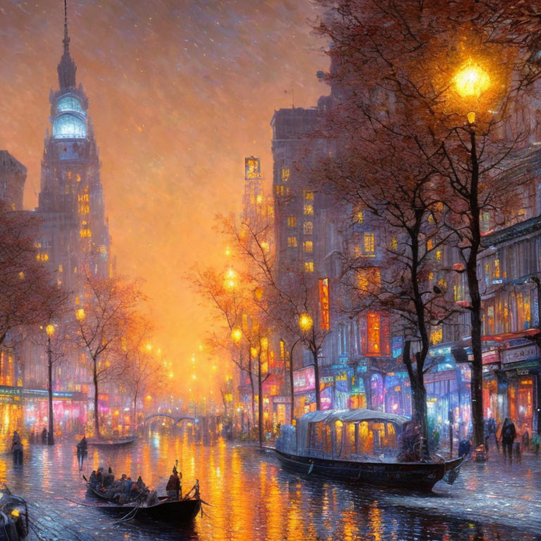 Night cityscape with glowing golden lights, canal, boats, snowfall