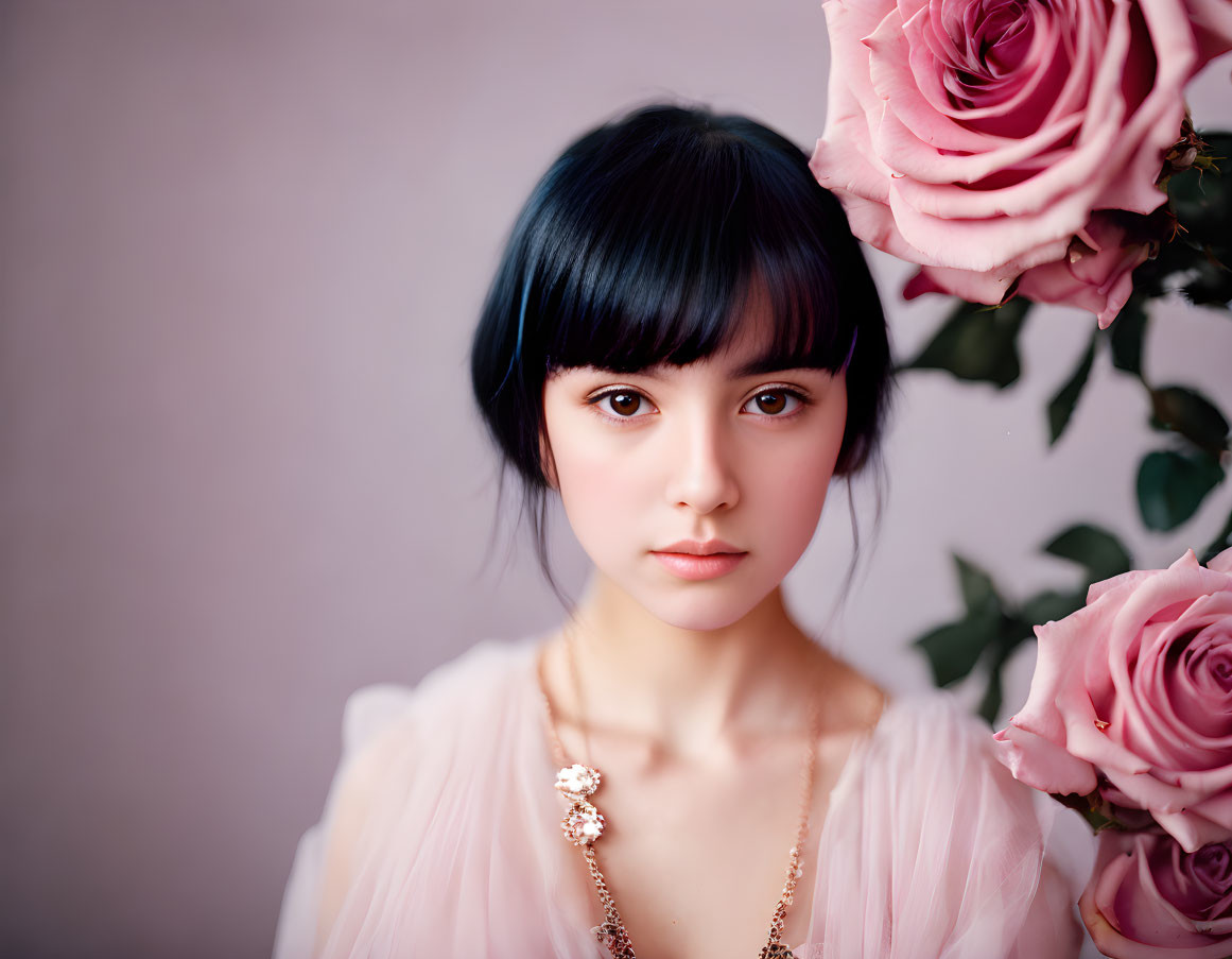 Young woman with short black hair and pink outfit surrounded by blurred pink roses