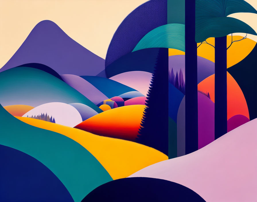 Colorful stylized landscape with rolling hills and intricate tree silhouettes.