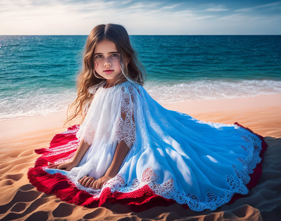 Young girl in white and blue gradient dress on beach gazes afar