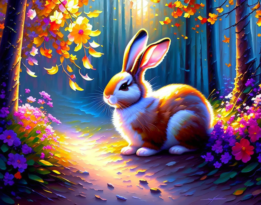 Colorful Rabbit in Magical Forest with Twilight Sky