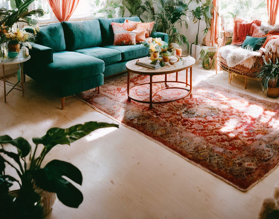 Sunlit Living Room with Green Sofa, Patterned Rug, Wooden Table & Plants