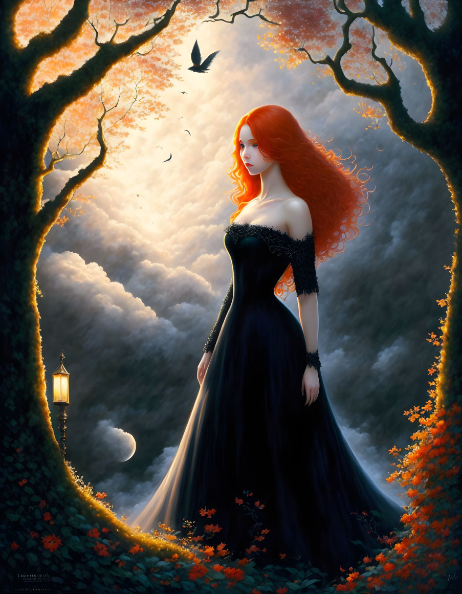 Red-haired woman in black dress in mystical forest with lantern, crescent moon, and bird