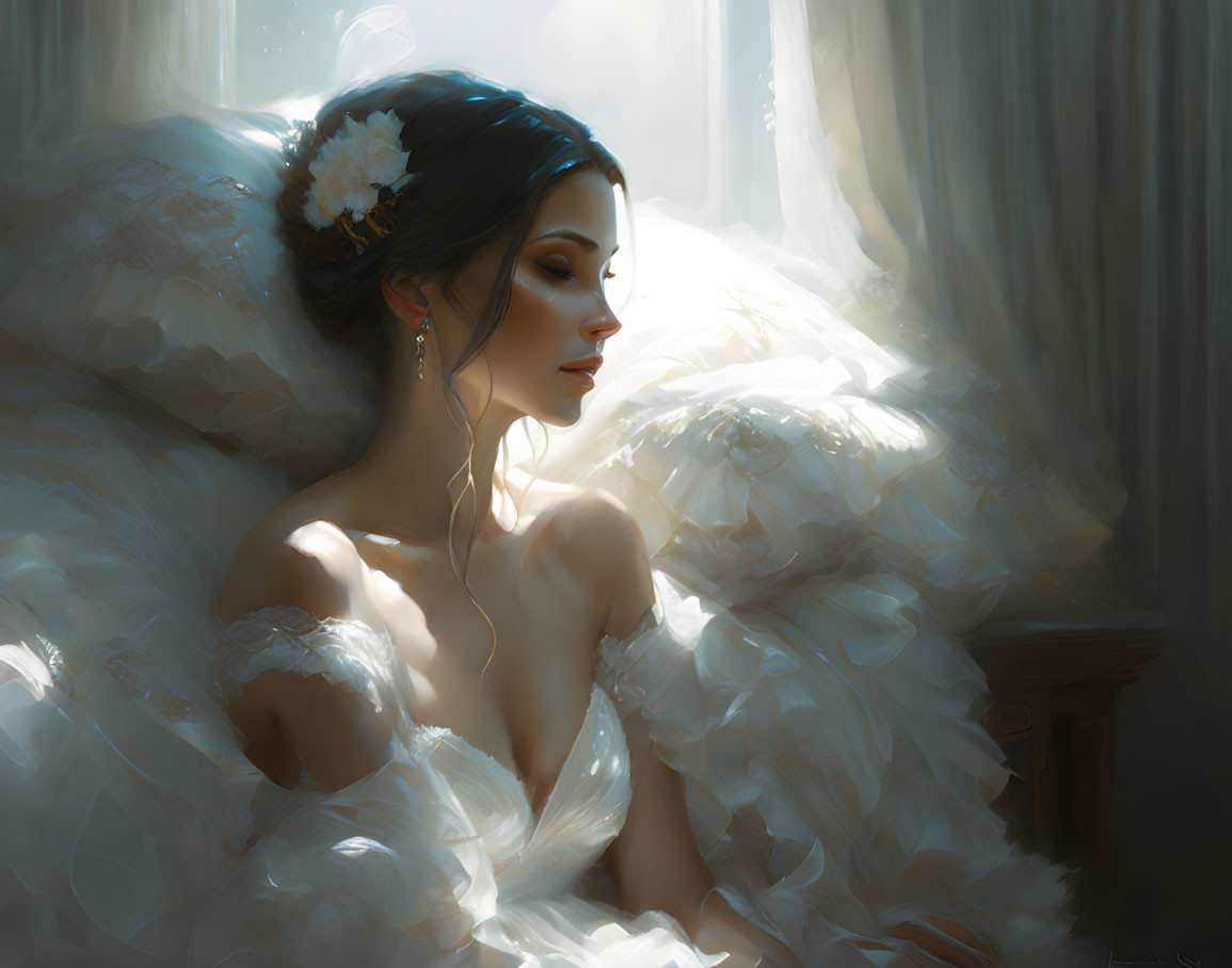 Bride in white gown with flower in hair in soft window light