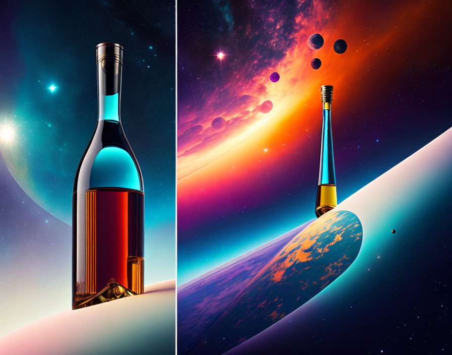 Surreal wine bottle and glass on cosmic background