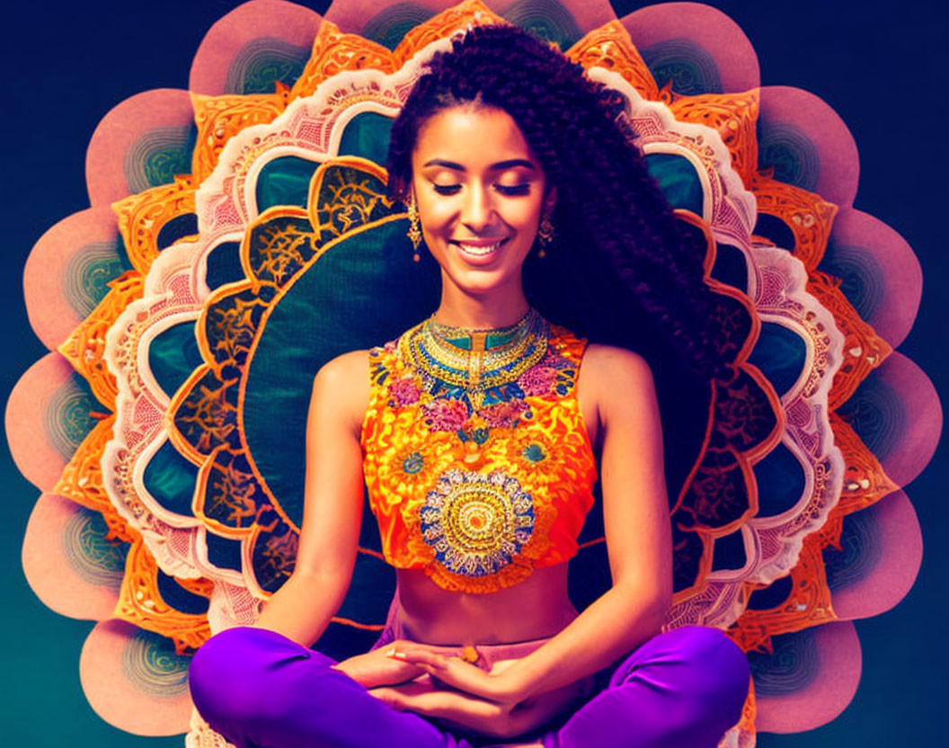 Woman in vibrant yoga attire meditates with colorful mandala patterns.