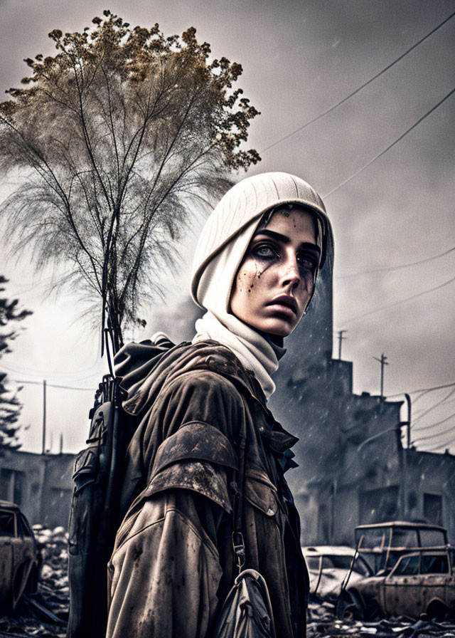 Intense-eyed woman in beanie and worn jacket stands in war-torn street