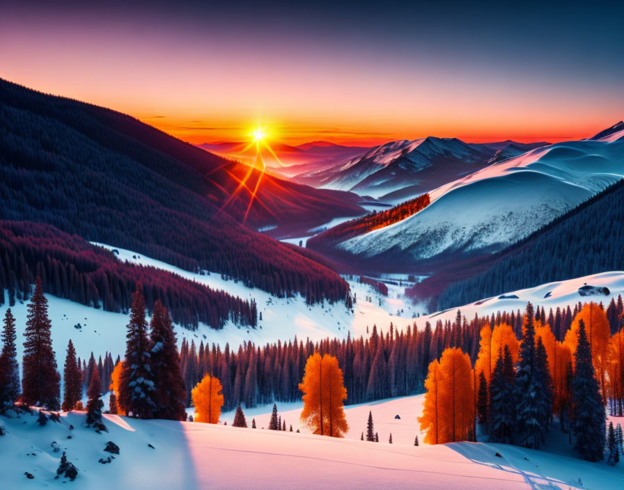 Scenic sunset over snowy mountains with glowing trees.