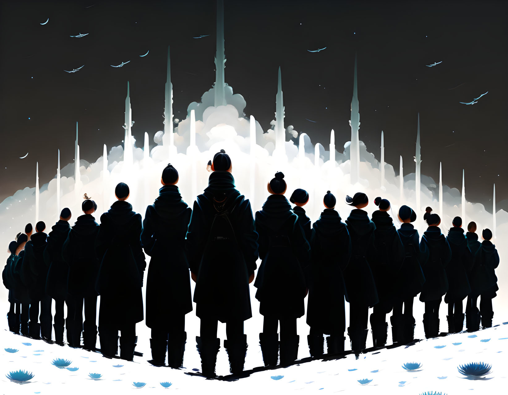 Group of people in dark coats outside glowing palace at night