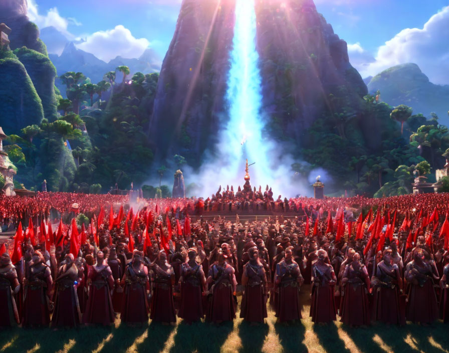 Animated army with red banners before waterfall and central platform under ethereal light