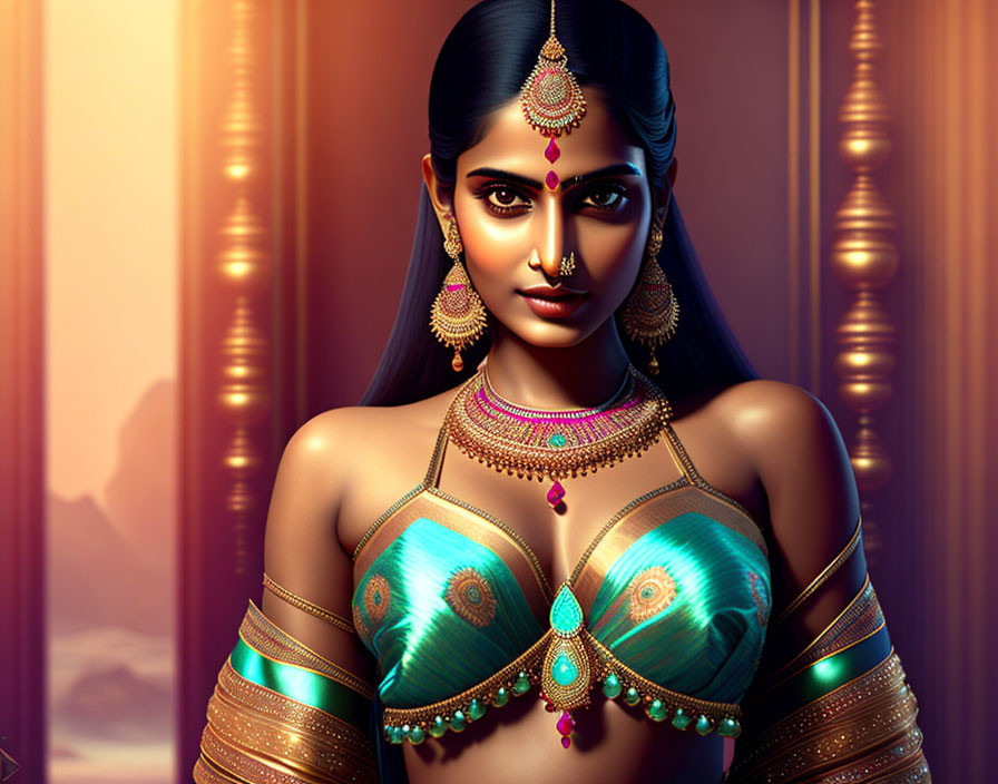 Traditional Indian Jewelry and Attire Illustration on Warm Background