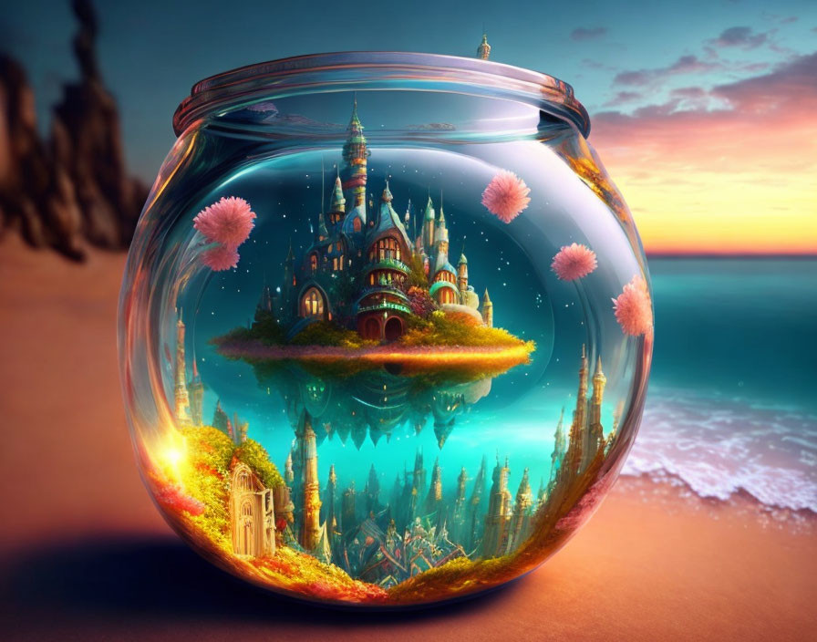 Fantasy castle on floating island in glass bowl with coral and marine life at sunset beach