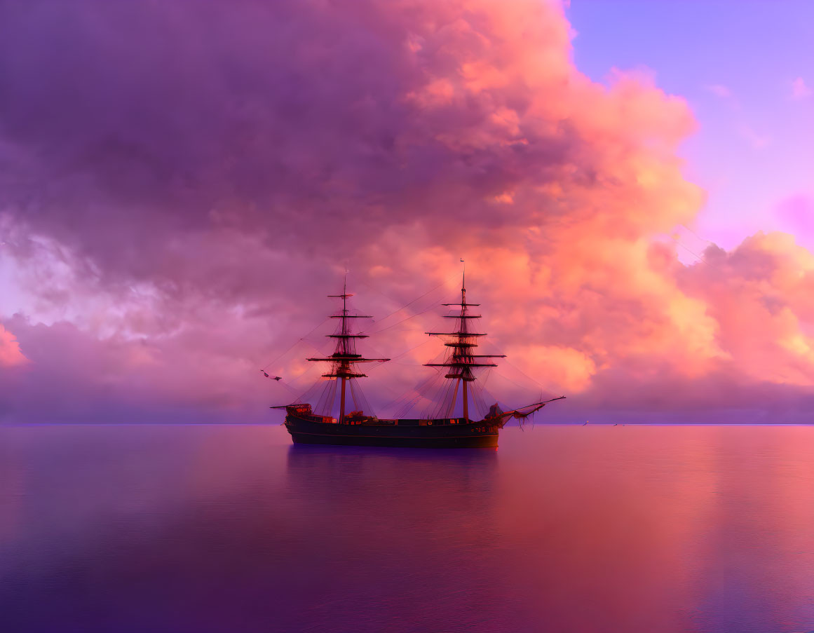 Vintage sailing ship on calm waters under dramatic purple and orange sky