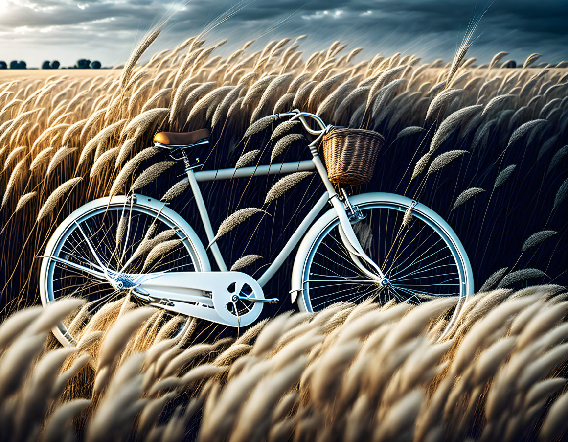 Vintage Bicycle with Front Basket in Golden Wheat Field under Cloudy Sky