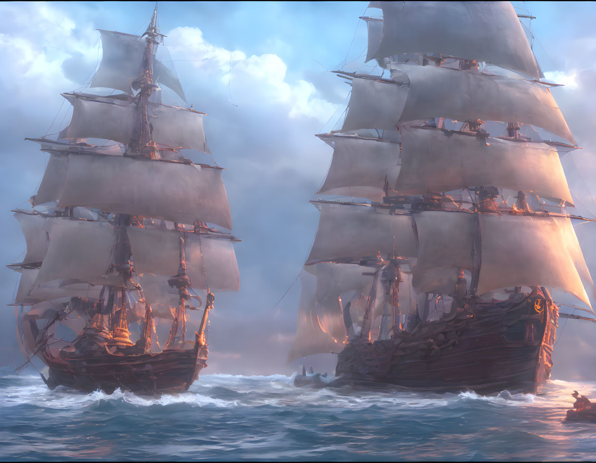 Majestic tall ships sailing on tranquil sea under soft sky