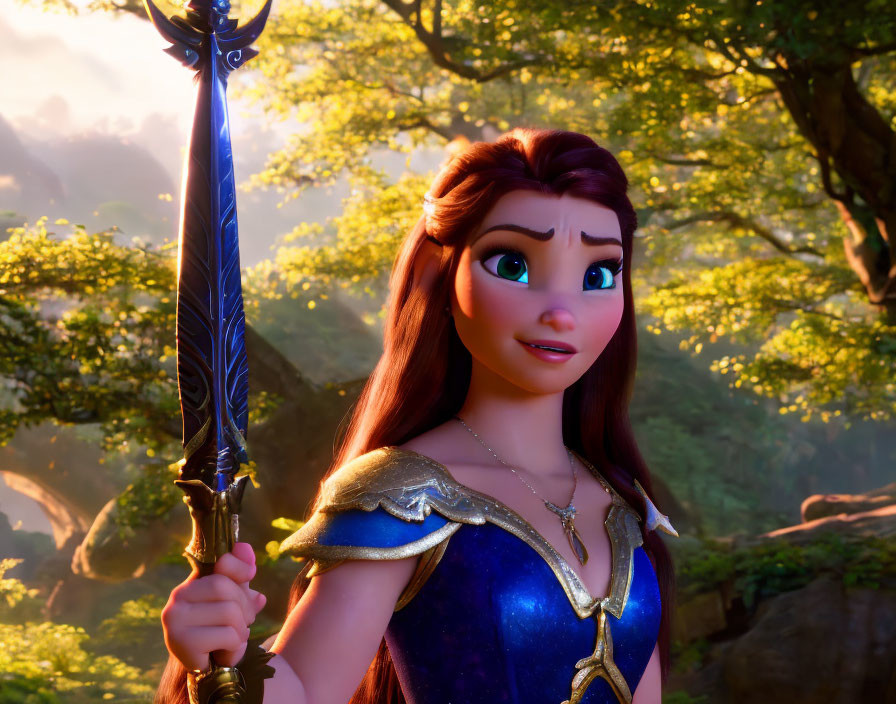 Long-haired female character with sword in sunlit forest