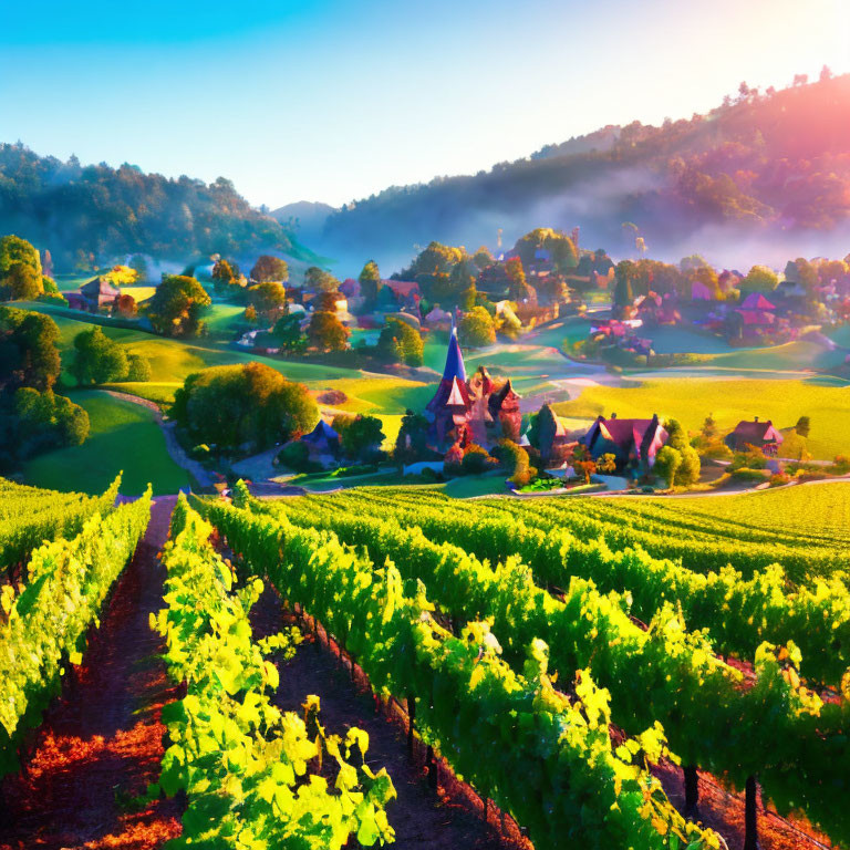 Scenic vineyard rows and village church in misty sunrise