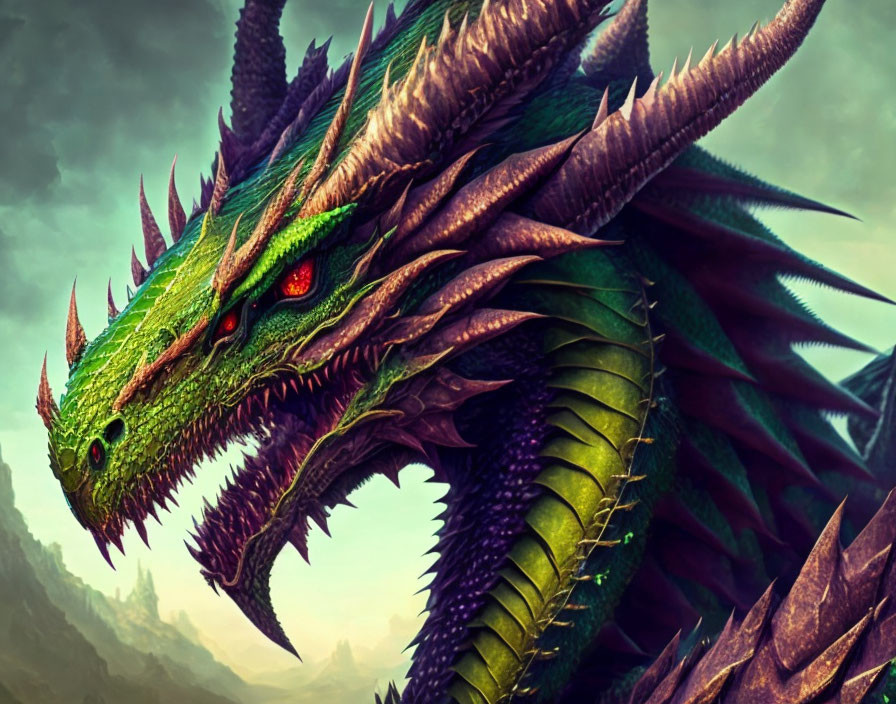 Detailed illustration of fierce dragon with green scales, large horns, and red eyes in moody background