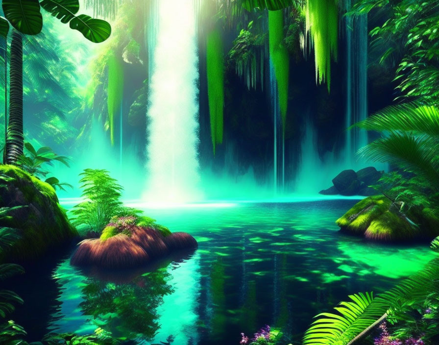 Tranquil Tropical Forest with Waterfall and Turquoise Pond