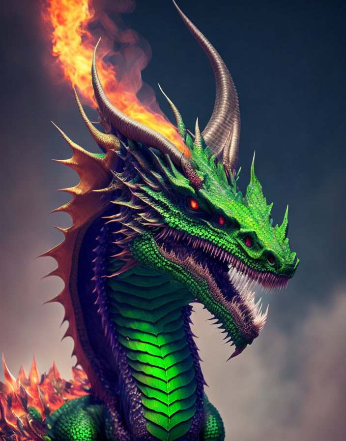 Detailed Green Dragon with Orange Flames & Spiky Back Plates