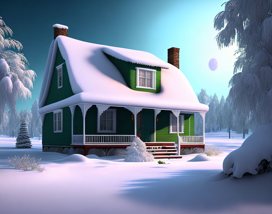 Winter Landscape: Snow-Covered Green House with Porch at Twilight