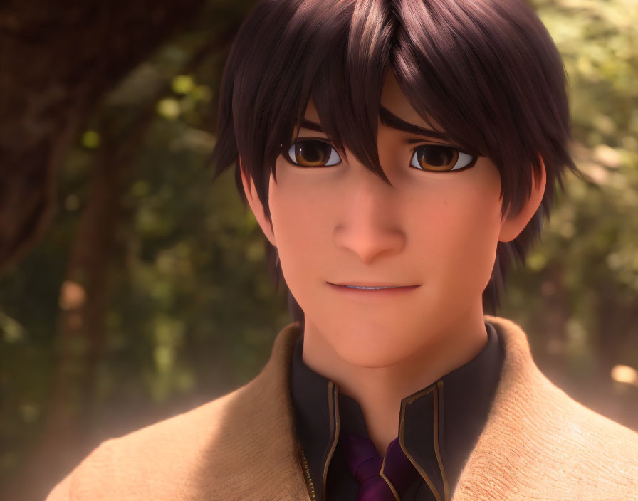 Smiling male animated character with short dark hair and purple tie