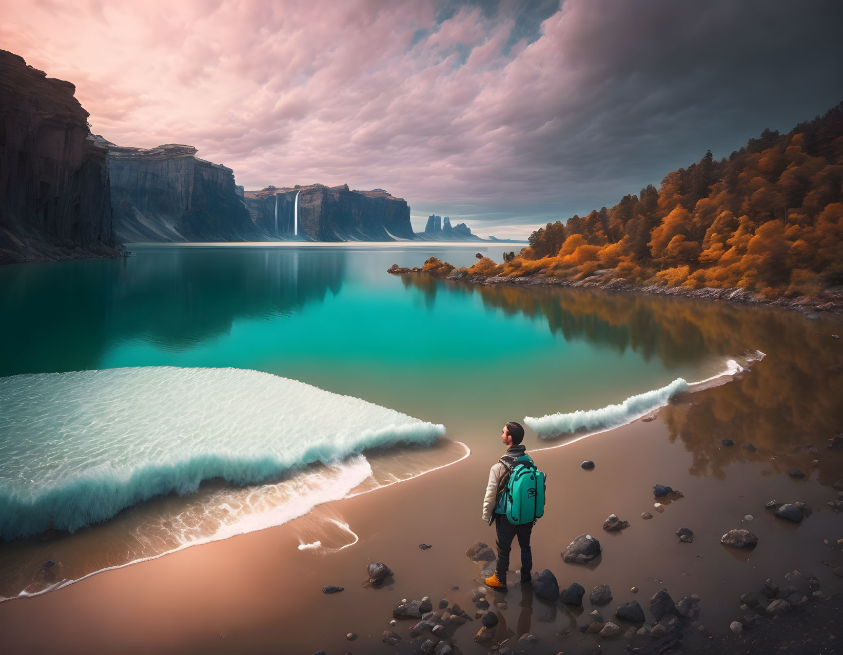 Person near turquoise lake with orange foliage and waterfalls under dramatic sky