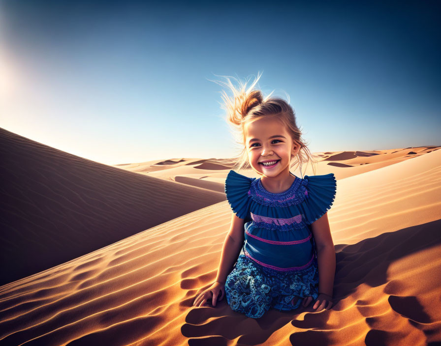 Young girl in colorful dress sitting on desert dune under blue sky