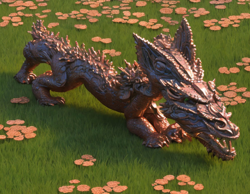 Ornate bronze dragon sculpture on grass field with pink flowers